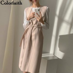 Colorfaith New 2021 Winter Spring  Women Dresses Sashes Solid Split Straight Knitting Warm Sweater Elegant Office Ladies DR7199