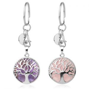 CSJA Natural Stone Keychains Silver Color Tree of Life Keyring Healing Crystal Car Bag Wallet Decor Keyholder for Women Men G498