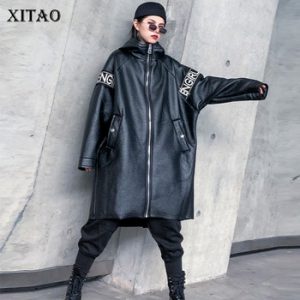 XITAO Letter Plus Size Faux Leather Women Fashion New 2019 Autumn Pocket Elegant Goddess Fan Hooded Collar Loose Coat ZLL4442