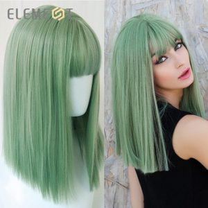 Element Medium Straight Bobo Synthetic Wigs Cyan-Blue Green Cosplay Wigs with Bangs for White/black Women Girls Lolita Cute Wigs