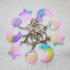 Cute Gradient Colorful Heart Moon Star Keyring Resin Charms Glitter Pentagram Keychain Pendant Flatback Handmade Craft Jewelry