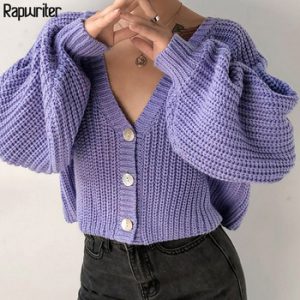 Casual Knitted Cardigan Women Long Puff Sleeve Sweaters 2020 Fall Winter V Neck Cropped Tops Button Coat Female Jumper Rapwriter