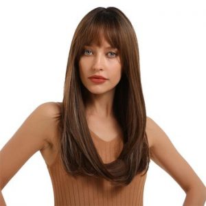 Element Synthetic Long Straight Ombre Brown Mix Grey Wigs with Bangs for White/Black Women Heat Resistant Daily or Party Wigs