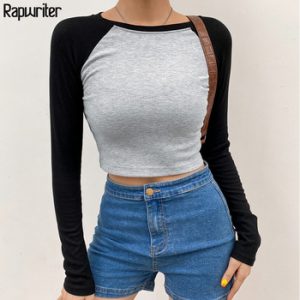 Contrast Color Ribbed Y2k Aesthetic Harajuku Crop Tops Women 2020 Fall O-Neck Long Sleeve Casual Basic T Shirt Femme  RapWriter