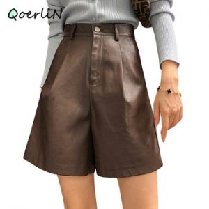 Boosty Bermuda Shorts Imitation PU Leather Shorts Women's Autumn Winter New Loose Wide Leg PU Shorts Black Knee-Length Trouser