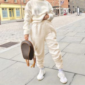 Rapwriter Autumn Winter Keep Warm Furry Cozy Joggers Trousers Women Streetwear Solid Faux Wool Sweatpant Fleece Pantalon White