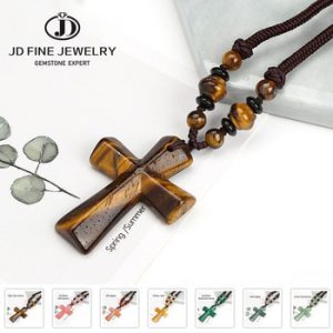 JD New Hot Sale Necklace for Men Women Tiger Eyes Stone Cross Pendant Necklace Gold Silver and Black Cross Necklace Fashion