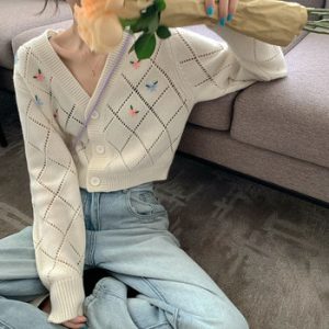 Short Style 2020 Spring College Style Flower Print Knitted Coat Loose Retro V-neck Cute Light Green Sweater Cardigan Blouse