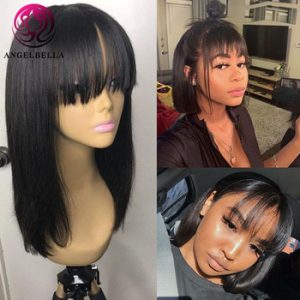 Angelbella 14 inches Straight Bob Human Hair Wigs With Bang Brazilian Remy Human Hair Bob Wigs No Lace Full Machine Made Wigs