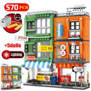 SEMBO City Street View Hong Kong Style Shop Bricks Creator DIY LED House Architecture Model Building Blocks Toys For Children