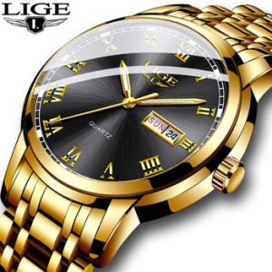 relogio masculino LIGE Gold Men Watch Waterproof Stainless Steel with date week Quartz Watches Men's Luxury Business Dress Clock