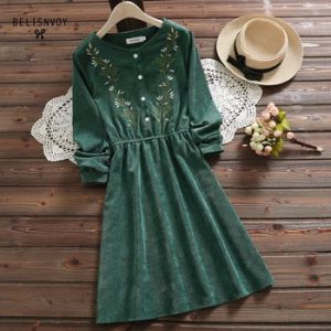 Mori Girl Vintage Corduroy Women Shirt Dress Floral Embroidery Elegant Autumn Winter Dresses Midi Dresses For New Year