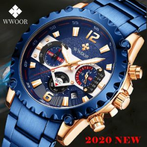 WWOOR Blue Full Steel Watches Mens 2020 Top Brand Luminous Waterproof Sport Chronograph Watch For Man Quartz Military Wristwatch