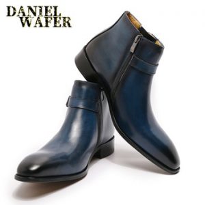 LUXURY DESIGN MEN'S BOOTS GENUINE LEATHER ANKLE BOOTS HIGH GRADE TOP ZIP BUCKLE STRAP MEN DRESS SHOES BLACK BLUE BASIC BOOTS MEN