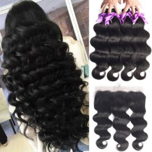 Brazilian Human Hair Weave Body Wave Bundles With Frontal Human Hair 3 Bundles With 13x4 Lace Frontal 26 28 30 32 Hair Extension