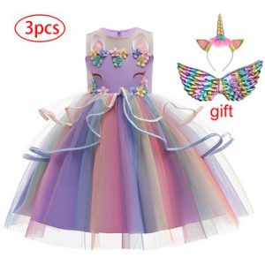 Kids Dress 2021 Flower Girls Wedding Dress Children Birthday Party Evening Performance Dresses 3pcs Unicorn Rainbow Vestido 10Y