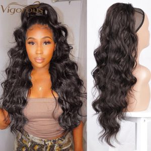 Vigorous Long Body Wavy Drawstring Ponytail  for Women Synthetic Wave Hair Extension Clip in Hairpiece Black Fake Hair