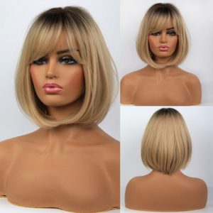 Jonrenau Short Straight Dark Root Ombre Blonde Synthetic Wigs with Bangs for Women Bob Wig Heat Resistant Lolita Cosplay Wig