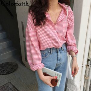 Colorfaith New 2021 Women Spring Summer Blouse Shirts Plaid Fashionable Checkered Oversize Buttons Wild Sweet Pink Tops BL1023