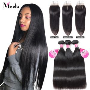 Meetu Bone Straight Human Hair Bundles with Closure Malaysian Hair Straight Bundles with Closure 3 Bundles and a Closure