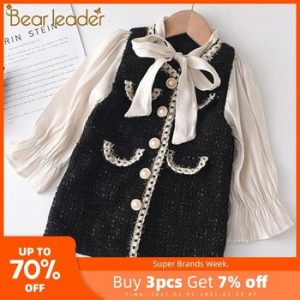 Bear Leader Girls Princess Patchwork Dress 2021 New Fashion Party Costumes Kids Bowtie Casual Outfits Baby Lovely Suits for 2 7Y