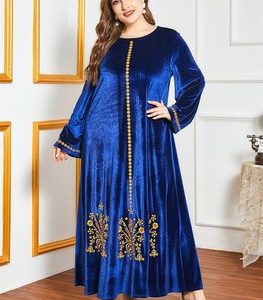 Siskakia Velvet Gold Thread Embroidery Maxi Dress Winter 2020 Royal Blue Women O Neck Long Sleeve Modest Muslim Arabic Clothes