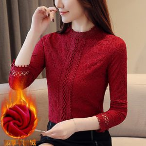 Lace Thickened Blusa Winter Autumn New Women Top White Long Sleeve Flower Lace Stand Collar Plus velvet Women Blouses Shits 803i