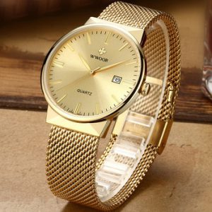 WWOOR Men Simple Slim Watches Man Luxury Brand Gold Steel Mesh Ultra Thin Waterproof Wrist Watch Mens Golden Clock With Box Pack