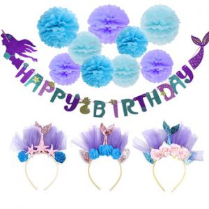 Mermaid Tail Party Headband Happy Birthday Bunting Banner Mermaid Birthday Party Decoration Girl Baby Shower Under the Sea Party