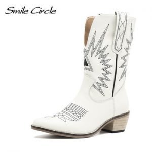 Smile Circle Embroidered Western Cowboy Boots Women Genuine Leather Square-Med Heels Pointy-Toe Knee High Boots Ladies Shoes