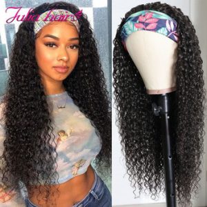 Julia Malaysian Curly Headband Wig Human Hair 8"-28" Glueless Headband Scarf Wig No Gel Jerry Curl Human Hair Wig with Headband