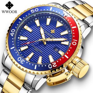 WWOOR New Luxury Military Gold Watches Mens 2020 Sports Dive Quartz Wrist Watch Full Steel Luminous Waterproof Relogio Masculino