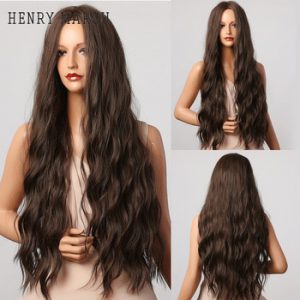 HENRY MARGU Ombre Dark Brown Long Water Wave Wig High Temperature Cosplay Costume Daily Middle Part Synthetic Wig for Women Afro