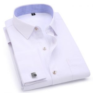 Men's Dress Shirts French Cuff Blue White Long Sleeved Business Casual Shirt Slim Fit Solid Color French Cufflinks Shirt