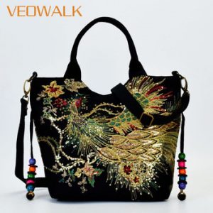 Veowalk Shiny Sequins Peacock Embroidered Women Canvas Totes Bag