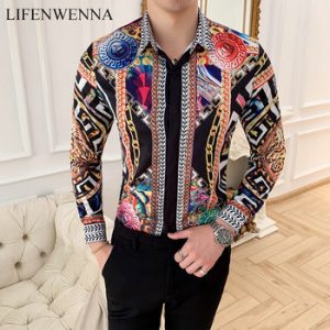 LIFENWENNA Autumn Men's Printed Long Sleeve Shirt New Fashion Hawaii Slim Fit Shirts Casual Party Night Club Shirts Men M-4XL