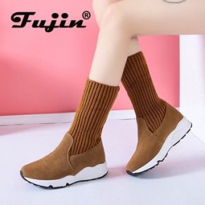 Fujin Women Snow Boots Flock Stretch Sock Breathable Platform Plush Fur Booties Suede Warm Shoes Women Winter Boots Snow Sneaker