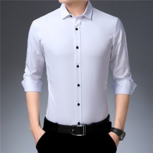 Elasticity Slim Fit Men Dress Casual Long Sleeved Shirt White Black Blue Red Male Social Formal Shirt Anti Wrinkle No Iron