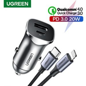 Ugreen Quick Charge 4.0 3.0 QC USB Car Charger for Xiaomi QC4.0 QC3.0 20W Type C PD Car Charging for iPhone 12 X Xs 8 PD Charger