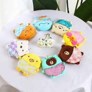 FUDEAM Soft Plush Cartoon Duck Bear Women Coin Purse Mini Cute Zipper Girl Metallic Sequins Coin Wallet USB Cable Headset Bag