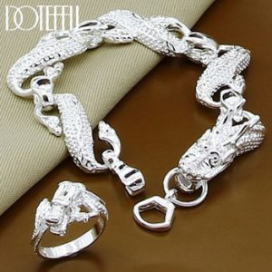 DOTEFFIL 925 Sterling Silver Dragon Bracelet Bangle Ring Set For Woman Wedding Engagement Party Fashion Charm Jewelry