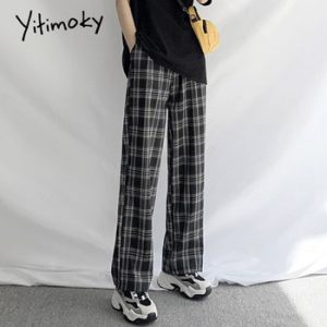 Straight Plaid Lace Up Pants Woman 2021 Summer Black Elastic Waist Wide Leg Trousers New Sweatpants Joggers Plus Size Clothes