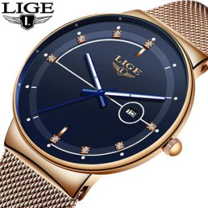 LIGE Fashion Mens Watches Top Brand Luxury Ultra Thin Quartz Watch For Men Mesh Strap Waterproof Gold Watch Relogio Masculino