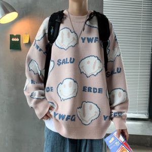 Men's Loose All-match Sweater Trend Printed Letters Cartoon Smiley Face Knitted Pullover Loose Slim Bottoming Tops Autumn Winter