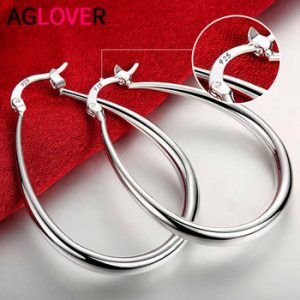 AGLOVER 41MM 925 Sterling Silver Smooth Circle Big Hoop Earrings For Women Lady Fashion Charm High Quality Wedding Jewelry Gift