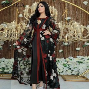 Siskakia Full Body Embroidered Lace Mesh Abaya Set Dubai Arabic Turkish Noble Kaftan Long Dress Muslim Islamic Women Clothing