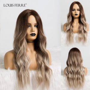 LOUIS FERRE Long Wavy Ombre Black Light Ash Brown Gray Wigs Middle Part Cosplay Synthetic Wig for Women Heat Resistant Fibre