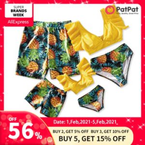 PatPat 2021 New Summer Ruffle Sleeve Swimsuits Family Look Pineapple full print Yellow Sets Family Matching Swimwear