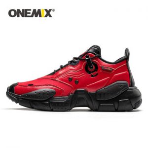 ONEMIX Men Sneakers Technology Style Leather Damping Comfortable Man Red Sport Running Shoes for Women Platform Retro Dad Shoes