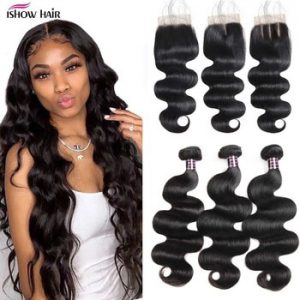 Ishow Hair Bundles and Closure Body Wave Bundles with Closure Brazilian Hair Weave Bundles with Closure Good For 4x4 Closure Wig